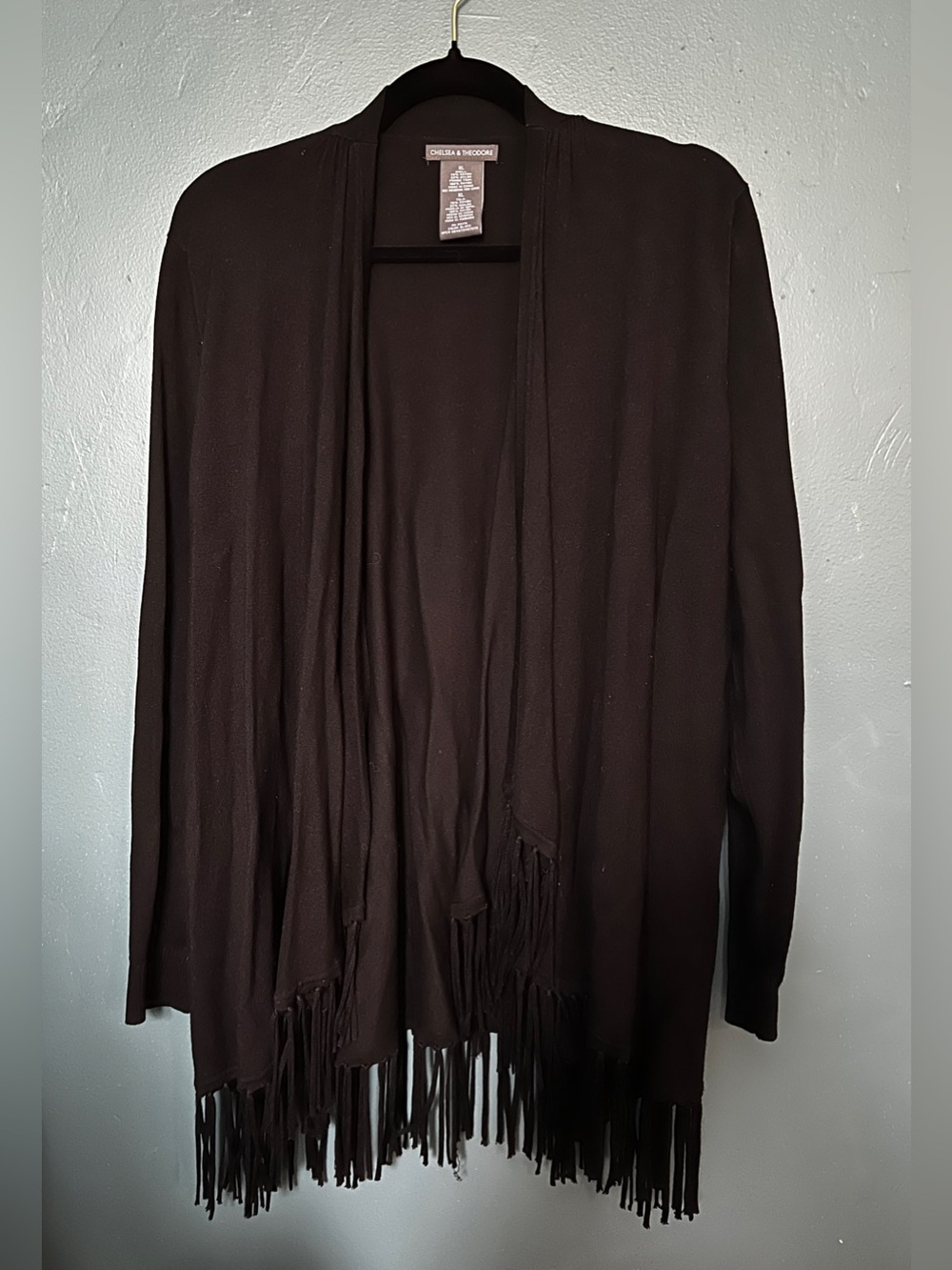 Chelsea & Theodore Black Fringe Cardigan XL Open Front Drape Boho Western
